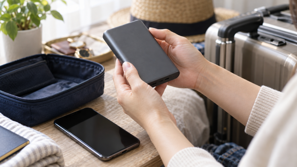 スーツケースを前に、モバイルバッテリーを手に取る人