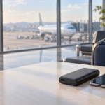 空港のテーブルに置かれたモバイルバッテリーとスマートフォン
