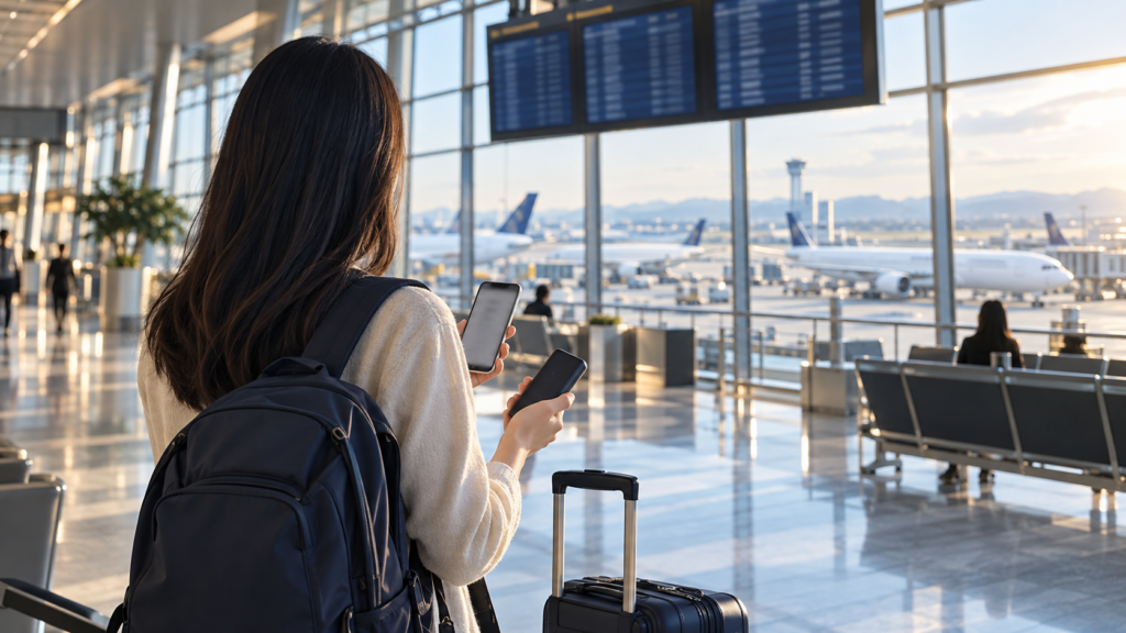 空港でモバイルバッテリー片手に搭乗を待つ人