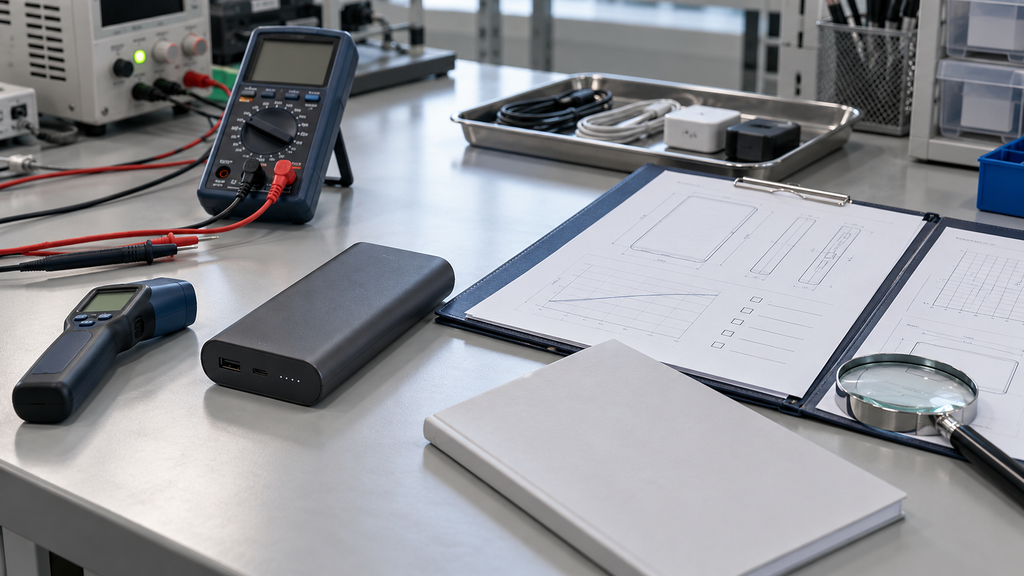 モバイルバッテリーの安全試験と仕様書のイメージ