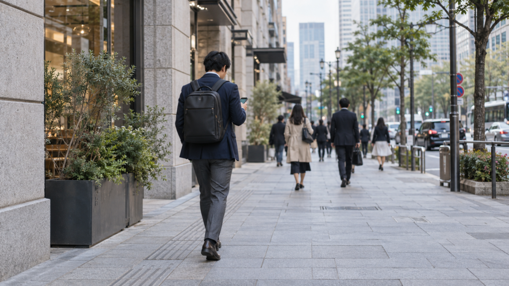 海外の街をスマートフォンを見ながら歩くビジネスパーソン